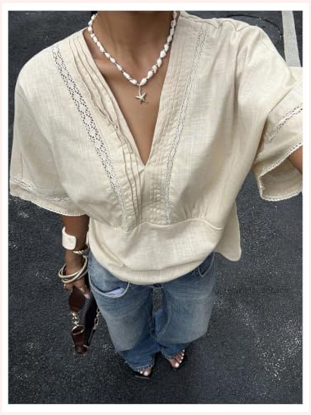 Boho Peasant Blouse Lace V Neck Cinched Waist 3/4 Sleeve Embroidered Shirt - Picture 3 of 5